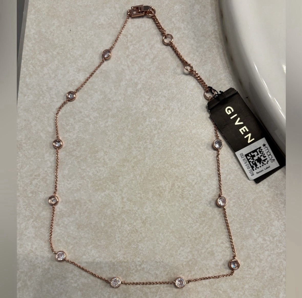 GIVENCHY Rose Gold Plated Station Necklace Crystal Bezel White/Colorless Stone