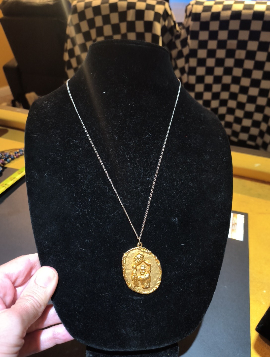 23 1/2 In Long Art Brand Necklace With Gold Tone Man With Vase Pendant