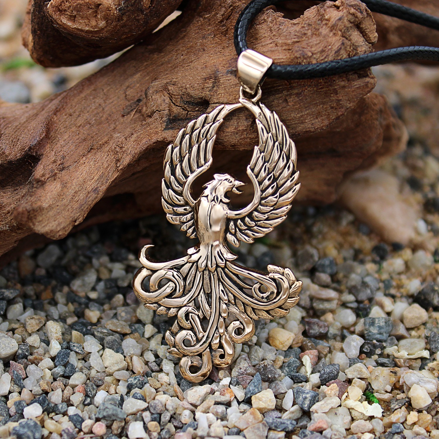 Bronze Phoenix Rising from Flames Pendant Necklace – Alchemy Fire Bird Symbol