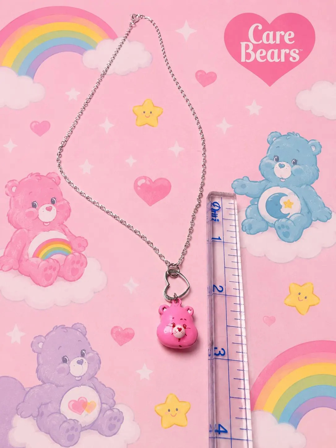 Cheer Bear Care Bear Pink Teddy Bear Necklace With Heart Design