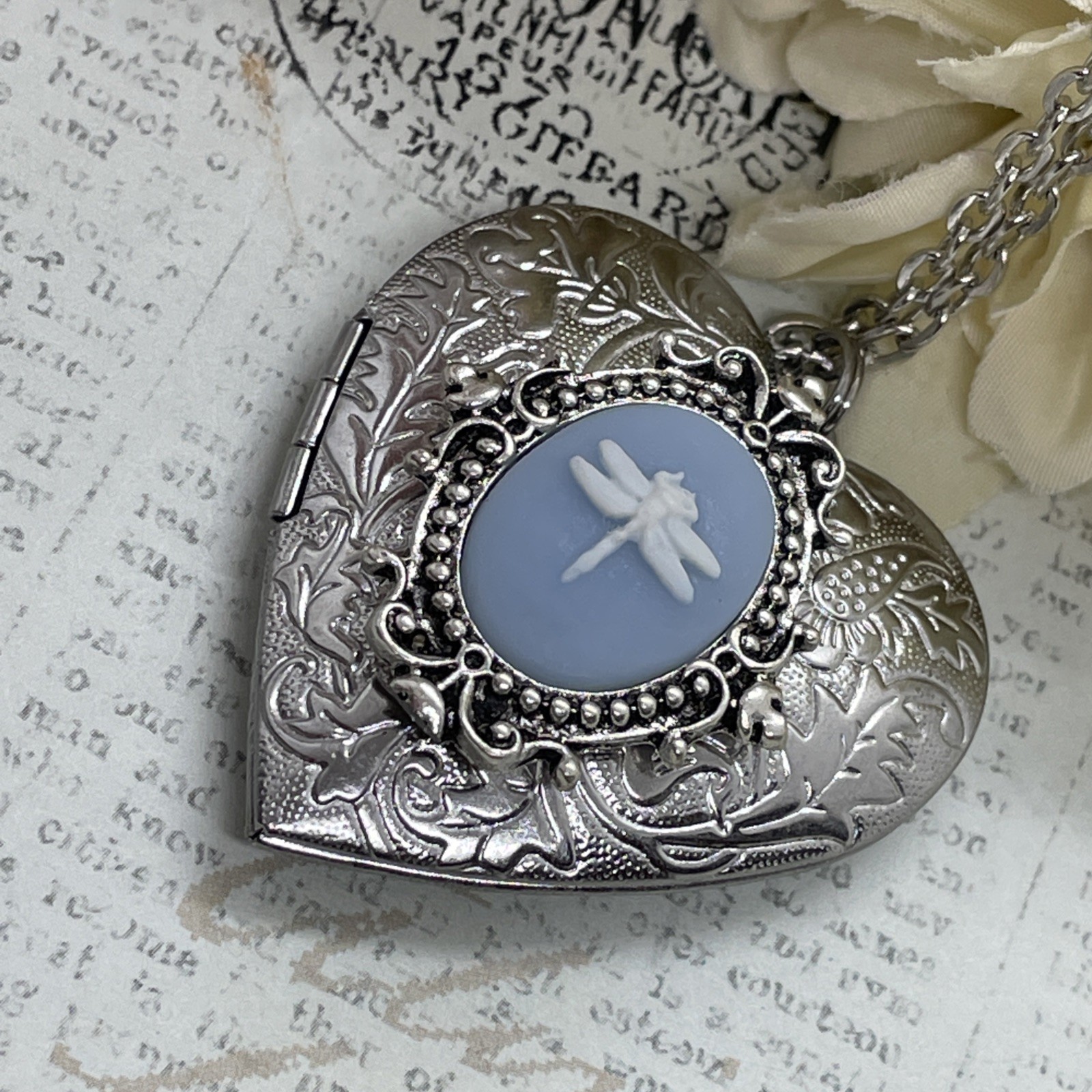 Heart Silver Cameo Blue New Dragonfly Locket Necklace Photo Memorial wedding