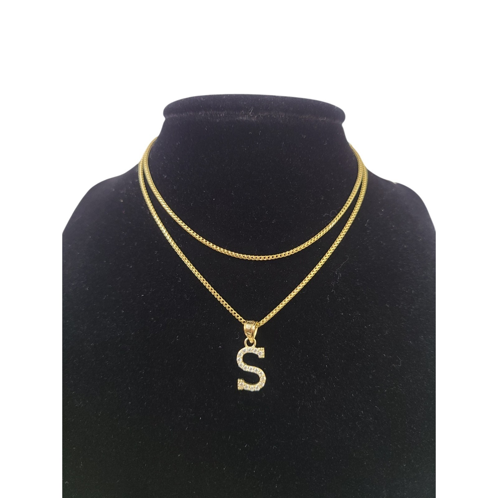 10K Gold Solid Franco Chain S Initial CZ Stone Pendant Set 1mm 16 18 20 22 Women