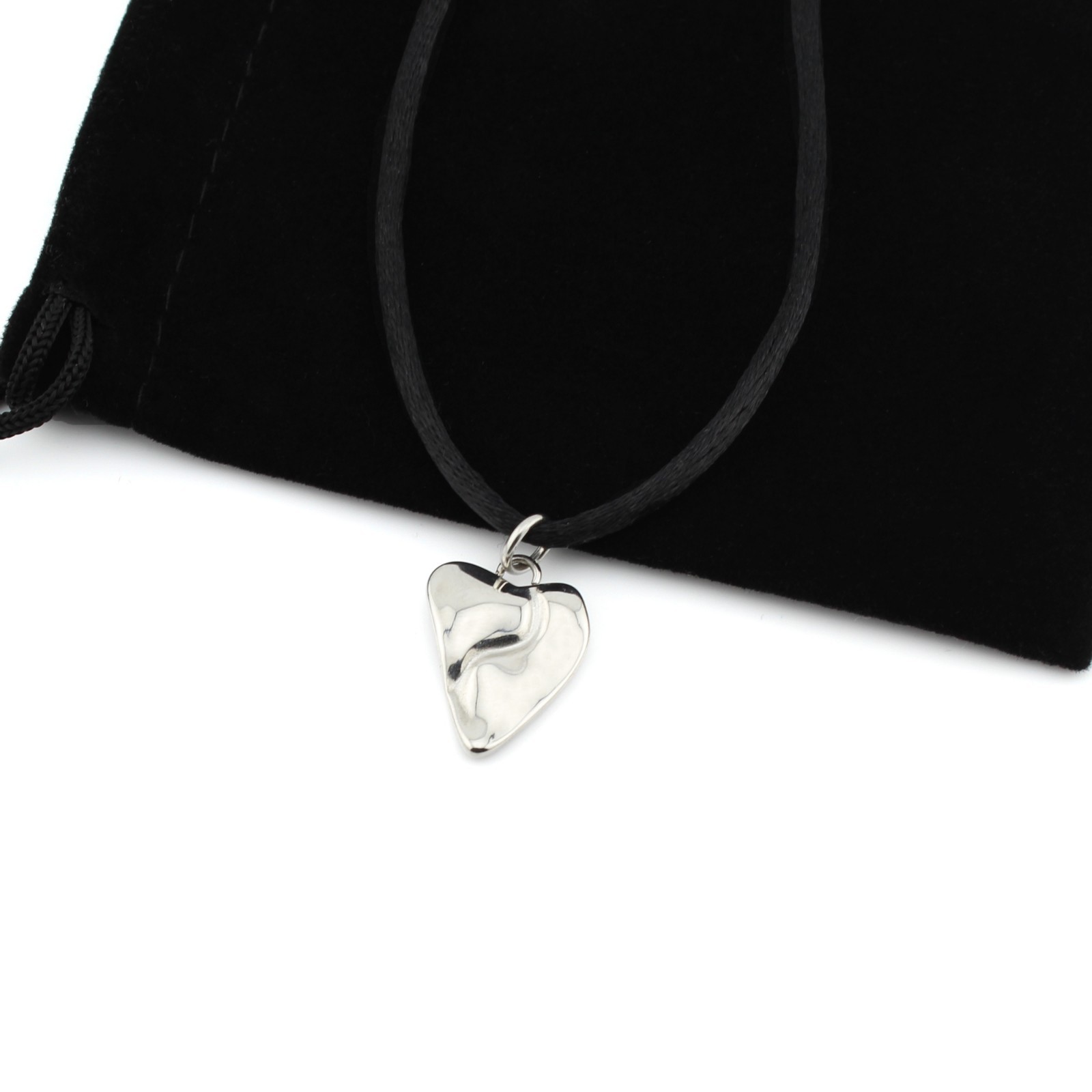 Silver Heart Pendant Necklace Black Satin Silk Cord Stainless Steel Jewelry