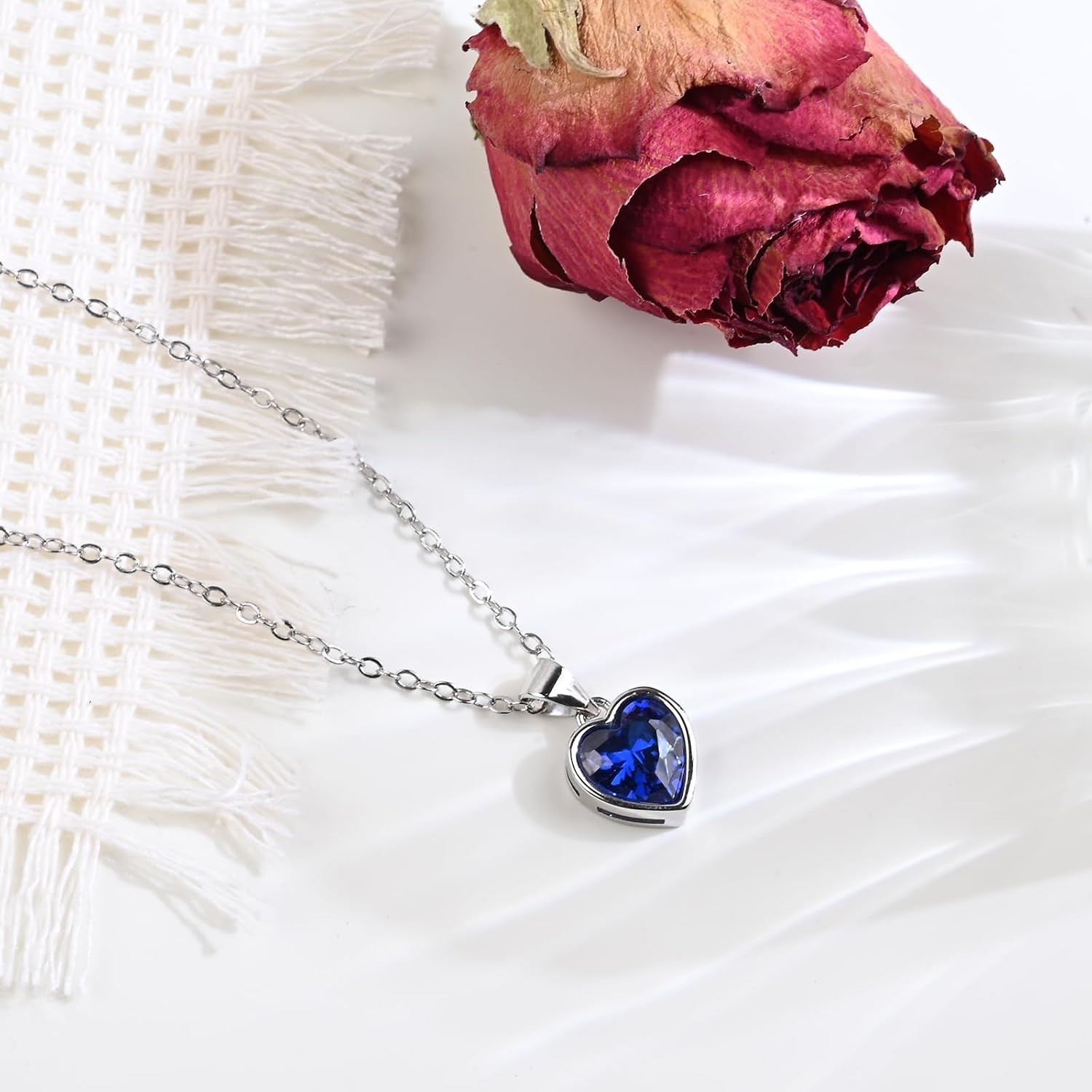 Classic Sapphire Heart Pendant Necklace in Sterling Silver – Adjustable 18-20″