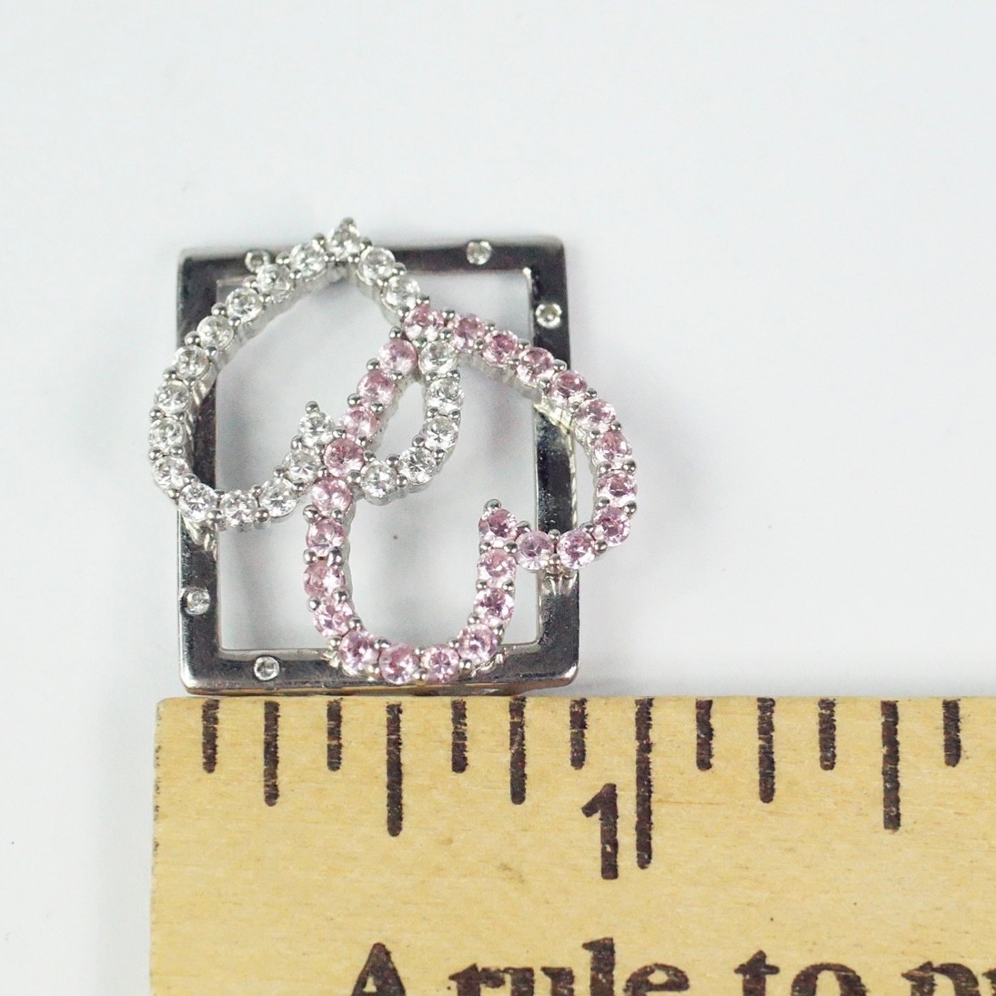 Sterling Silver Pink Ice And Clear Colorless CZ Hearts In Rectangle Pendant