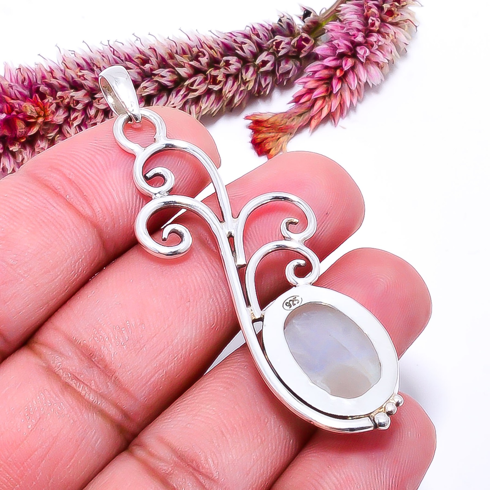 Rainbow Moonstone – India Designer Handmade 925 Sterling Silver Pendant 2.42″ P6