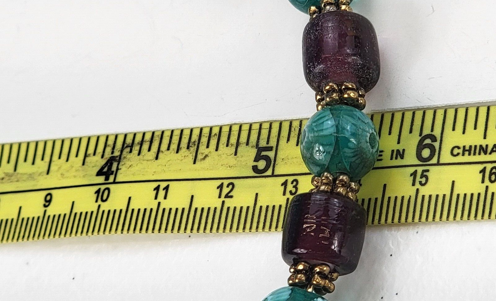 Purple And Green Glass Bead Wire Choker Necklace 15 in Gold Tone