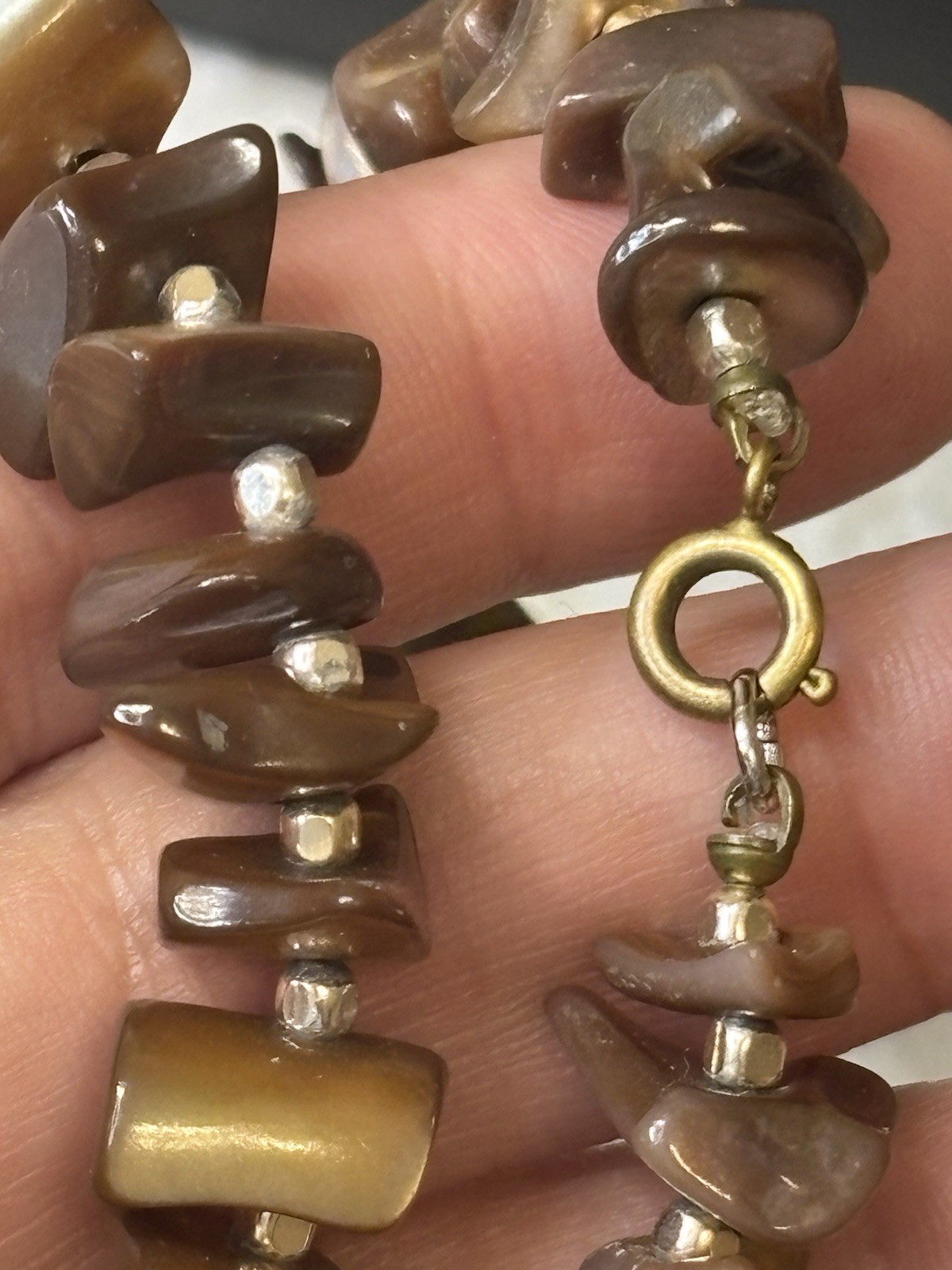 Vintage 30” Mother Of Pearl Bronze Necklace