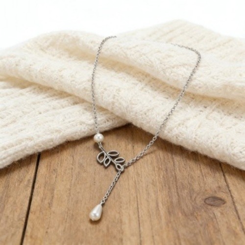 Leaf & Teardrop Pearl Lariat Necklace, Silver Tone Nature-Inspired Jewelry