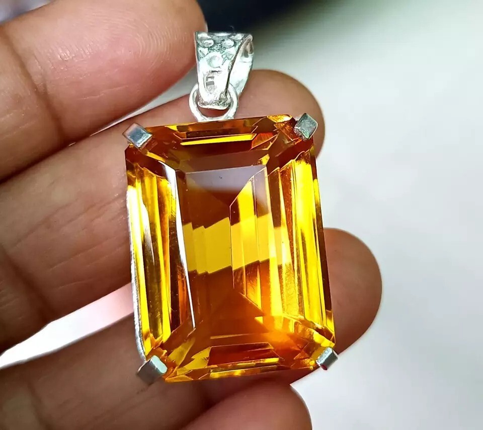 Natural Emerald Cut Yellow Citrine 94 Ct 925 Solid Sterling Silver Pendant Gem