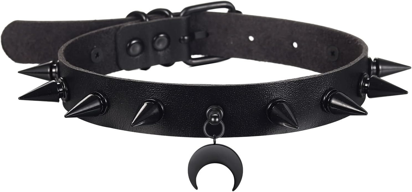 Gothic Spiked Choker Necklace Moon Pendant Faux Leather Collar Black Accessories