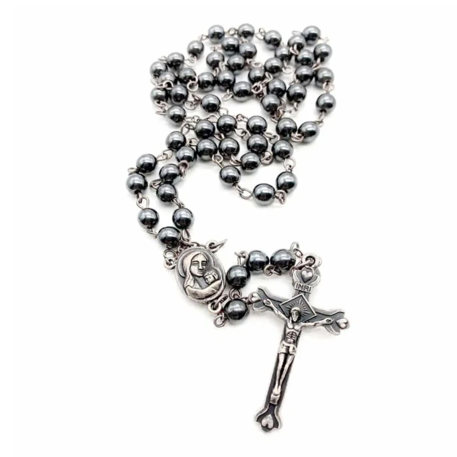 unisex-adult Hematite Rosary Black Stone Beads Necklace with Jerusalem Holy S…