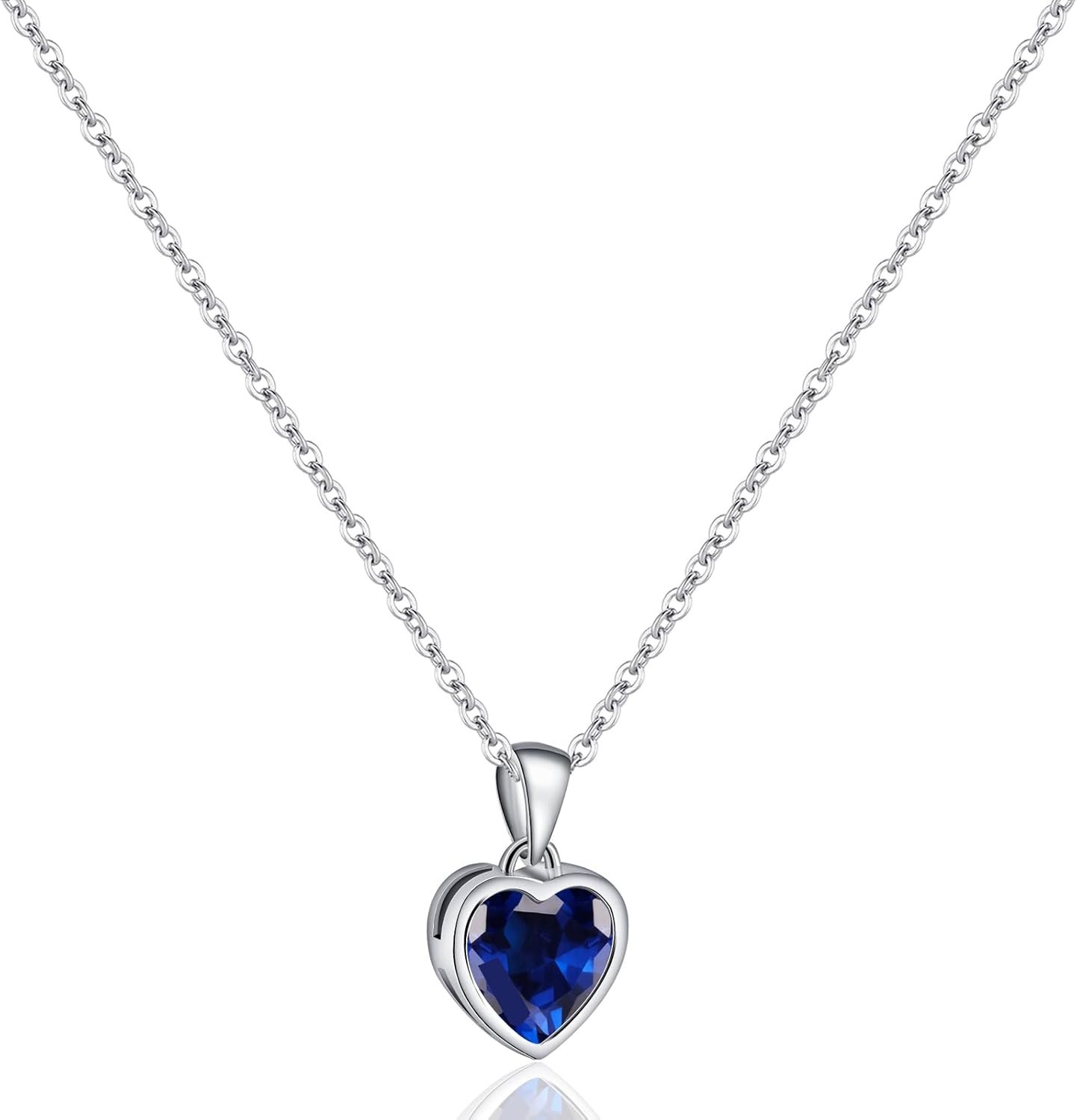 Classic Sapphire Heart Pendant Necklace in Sterling Silver – Adjustable 18-20″