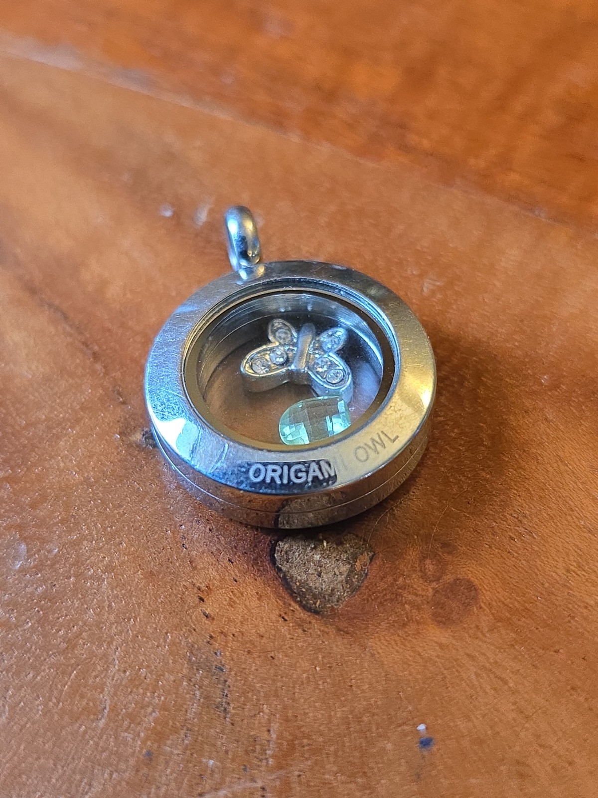 Origami Owl Locket Silver Modern Hinged Rhinestone Butterfly Charm Green Heart