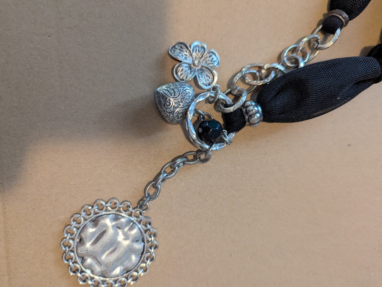 Black Fabric Cord & Silver-Tone Cable Chain Necklace, Round Charm Pendant