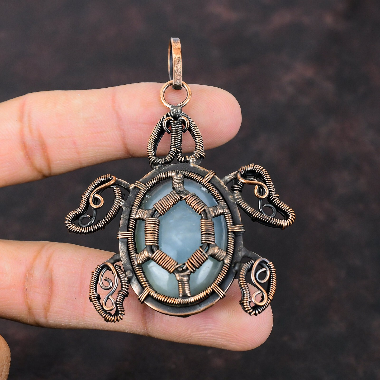 Aquamarine Wire Wrapped Tortoise Pendant Handcrafted Copper Gift Jewelry 2.95″