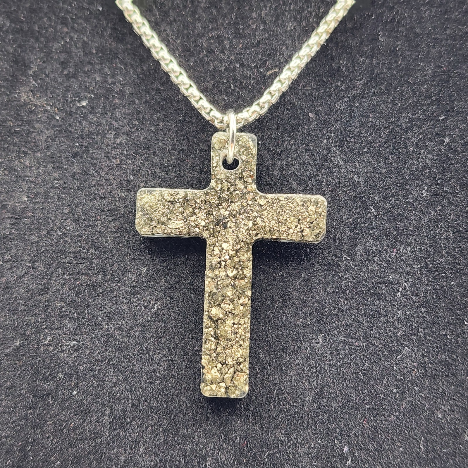 Handmade Pyrite Cross Pendant Necklace Resin Cross 50cm Stainless Steel Chain