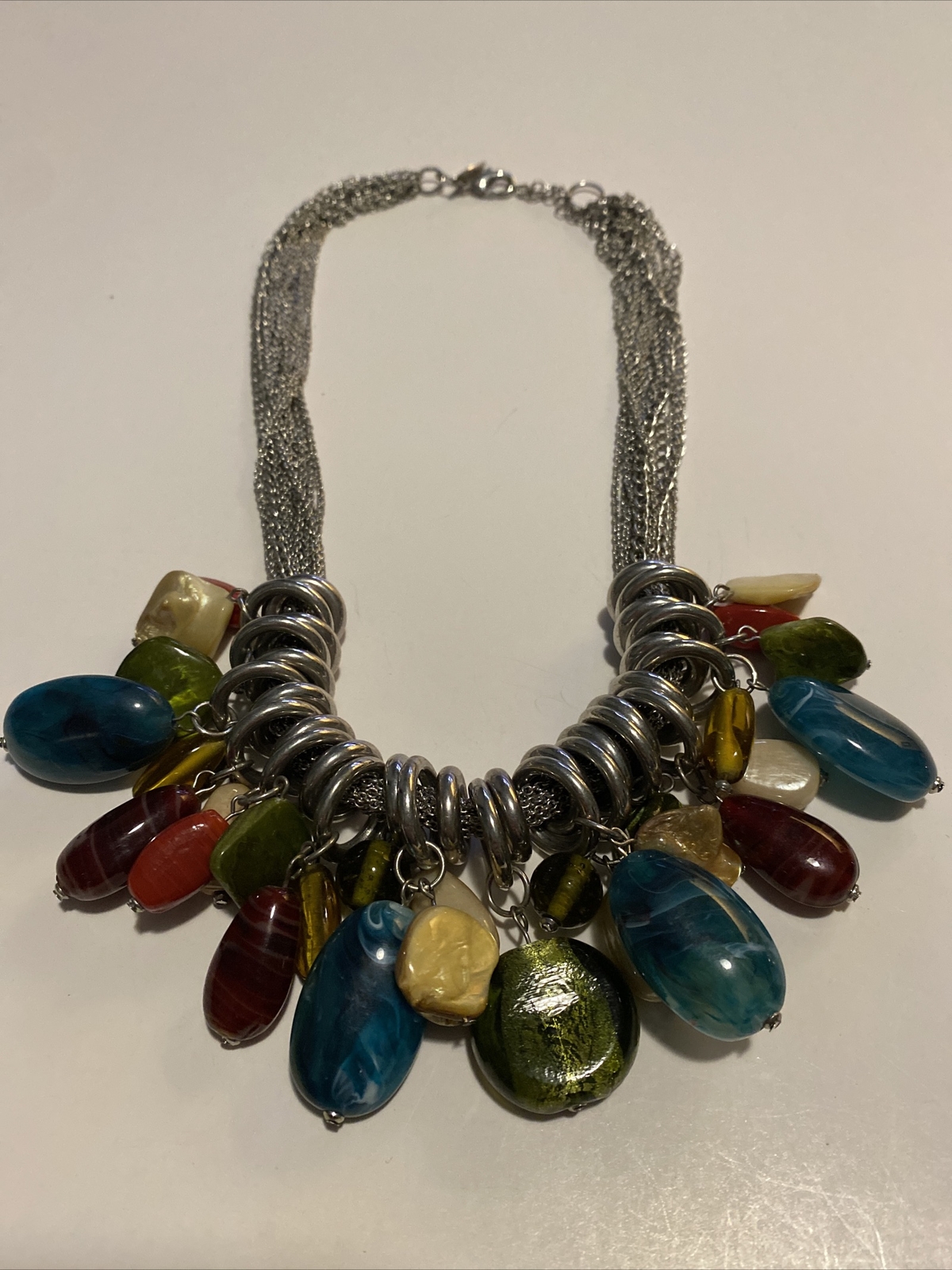 VTG Necklace Chunky Silver Tone With Glass, MOP And Other Unknown Stones By NY