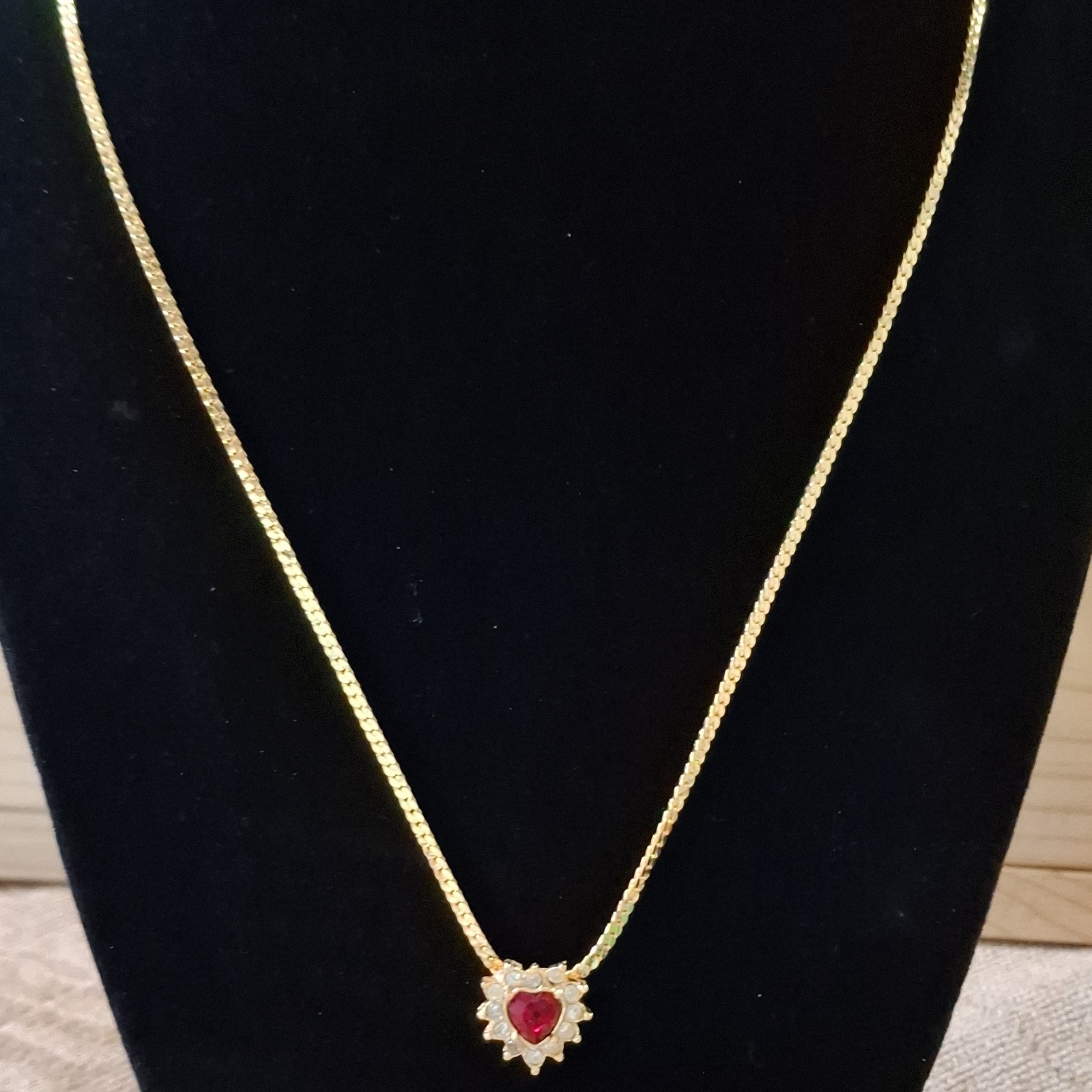 Gold Tone Heart Pendant Necklace Red Center Stone Clear Accents Undated Era