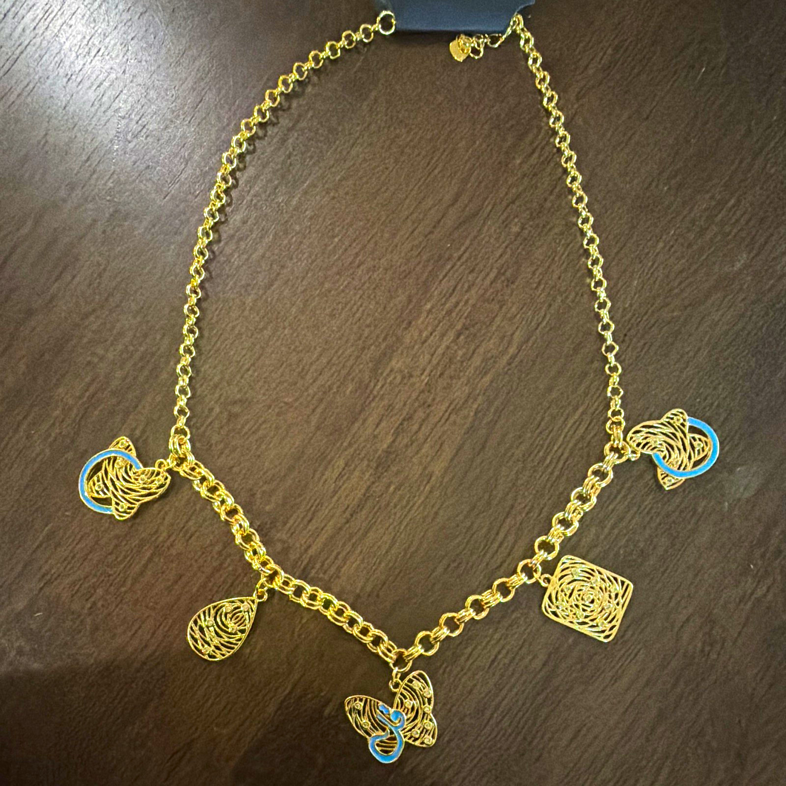 Gold & Blue Enamel Flower Charm Necklace Gold Tone Cable Chain Metal