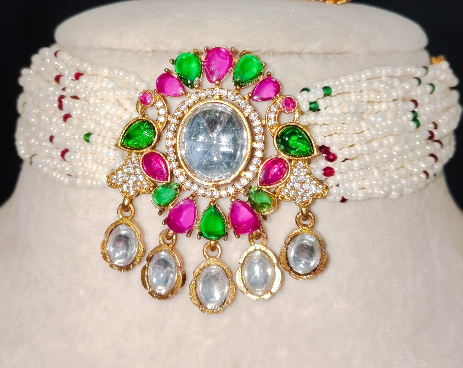 Dana Emerald Ruby Studded Multi Strand Pearl Kundan Choker Set Roz Jewellers.