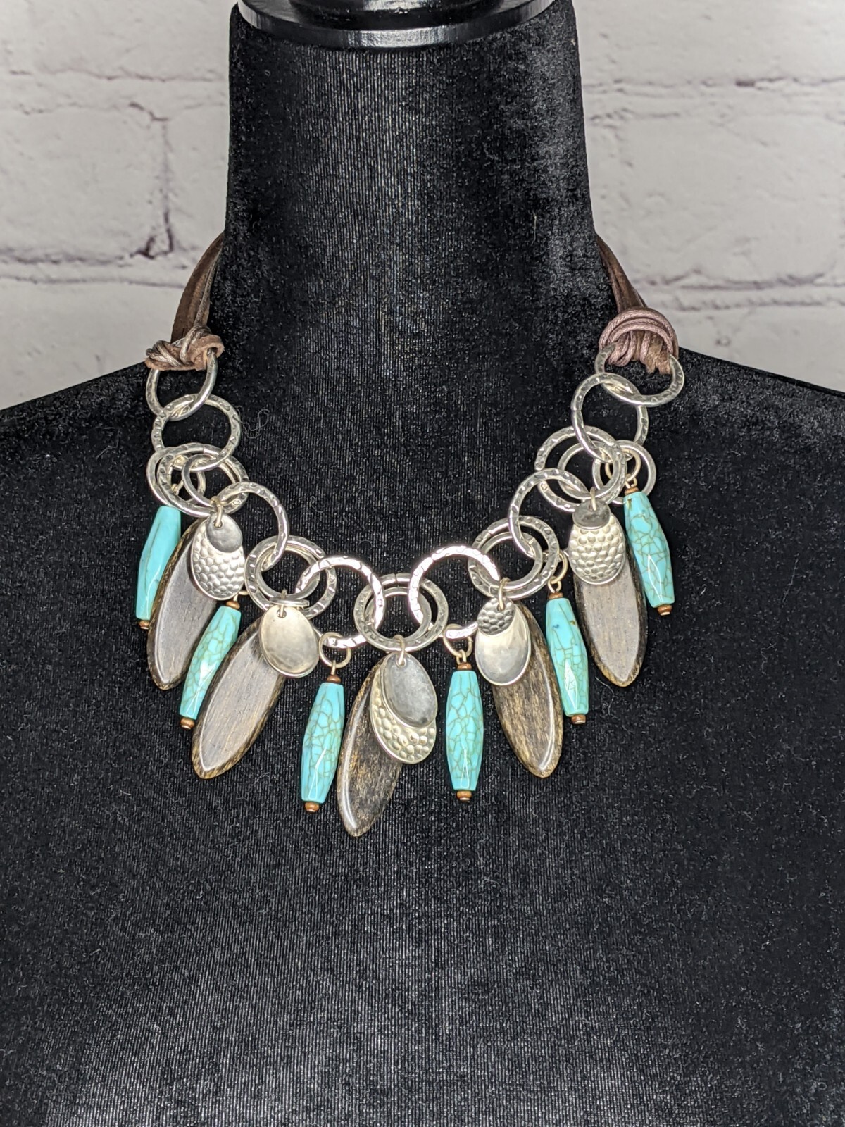 a.n.a Statement Necklace Faux Turquoise, Wood & Silver Link Brown Leather