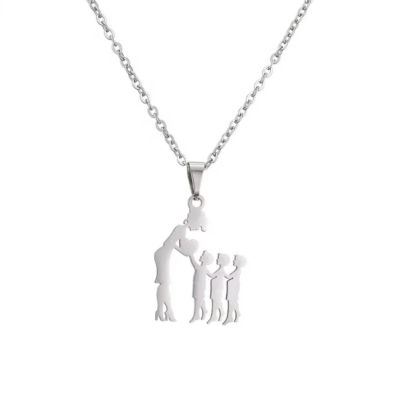 Mother Child Heart Necklace Stainless Steel Family Figure Pendant Jewelry