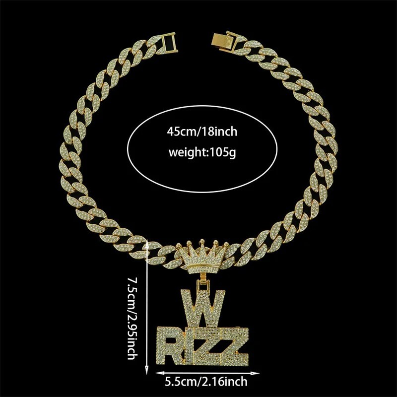 Iced W Rizz Crown Pendant Necklace CZ Bling Hip Hop Miami Cuban Link Chain Mens