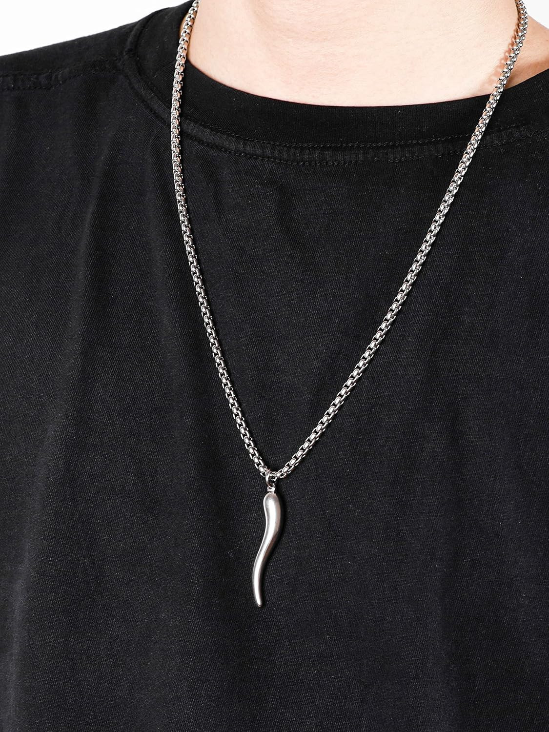 Italian Horn Necklace, Stainless Steel Cornicello Horn Amulet Charm Pendant, Box