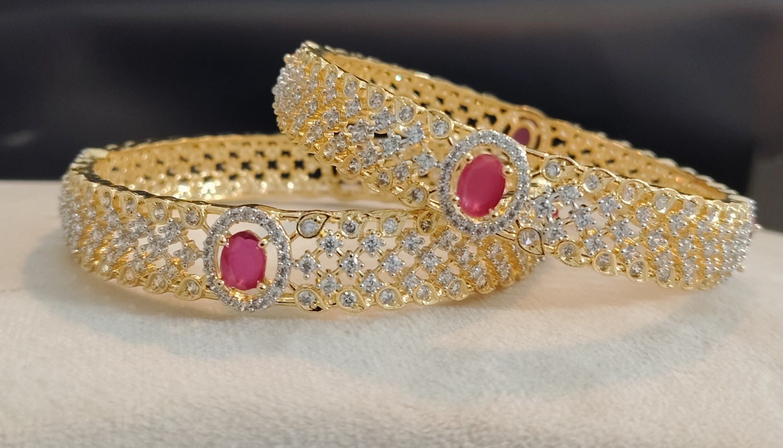 Reshma Royal Ruby Oval Designer Diamond Style Bangles Roz Jewellers.