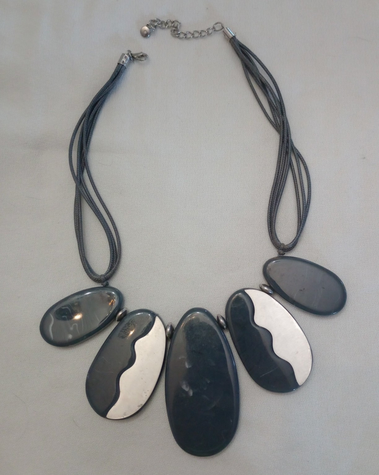 Black Multi-Strand Cord Statement Necklace, 5 Oval Charm Pendants, Adjustable