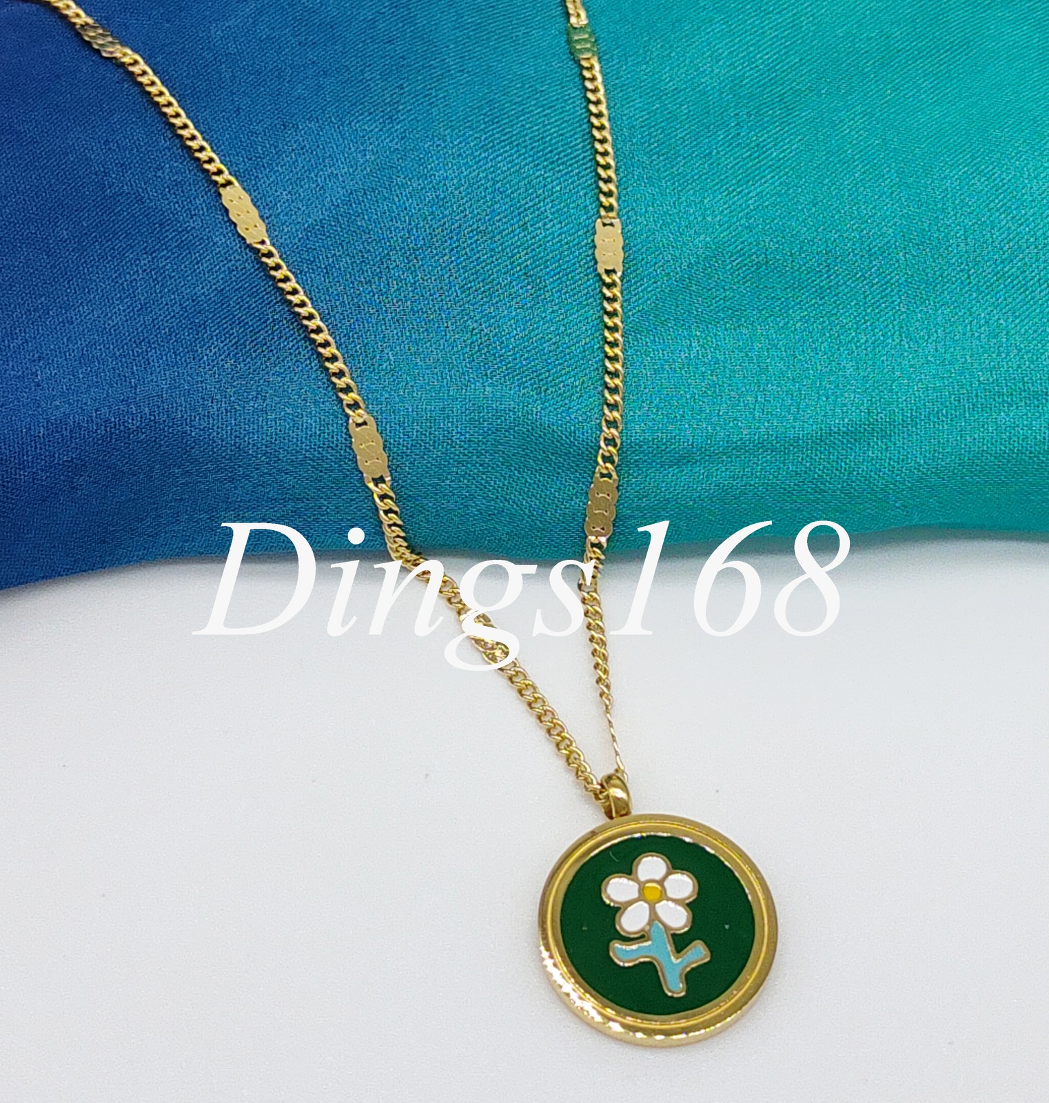 18K Yellow Gold Filled 15mm Green Flower Round 16″+2.4″ 1mm Rollo Chain Necklace
