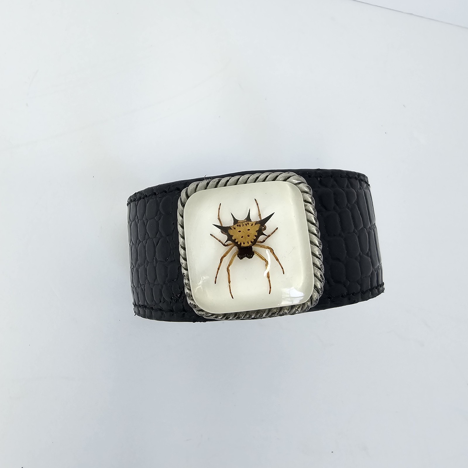 Spiny Backed Orb Weaver Spider In Lucite Cuff Goth Bracelet Faux Leather