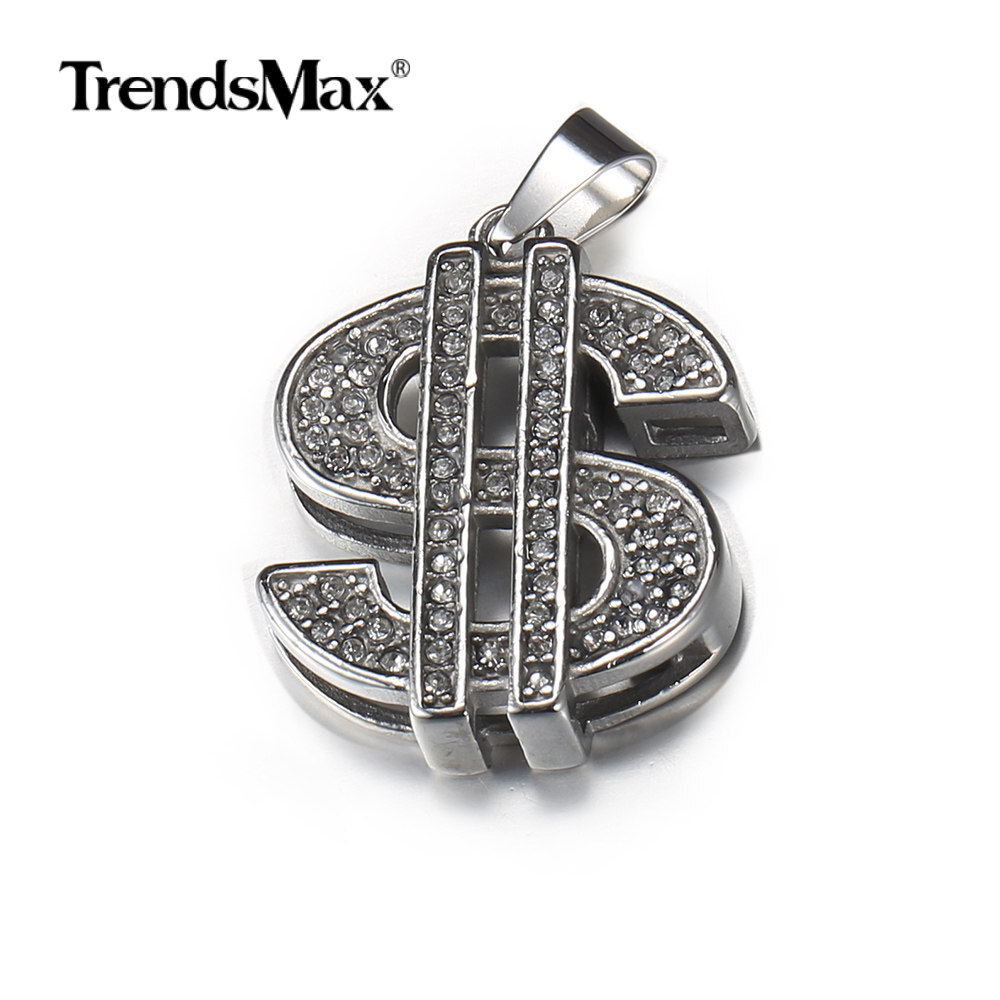 Silver Cubic Zircon CZ Dollar Sign Pendant Necklace Stainless Steel Chain 18-24″