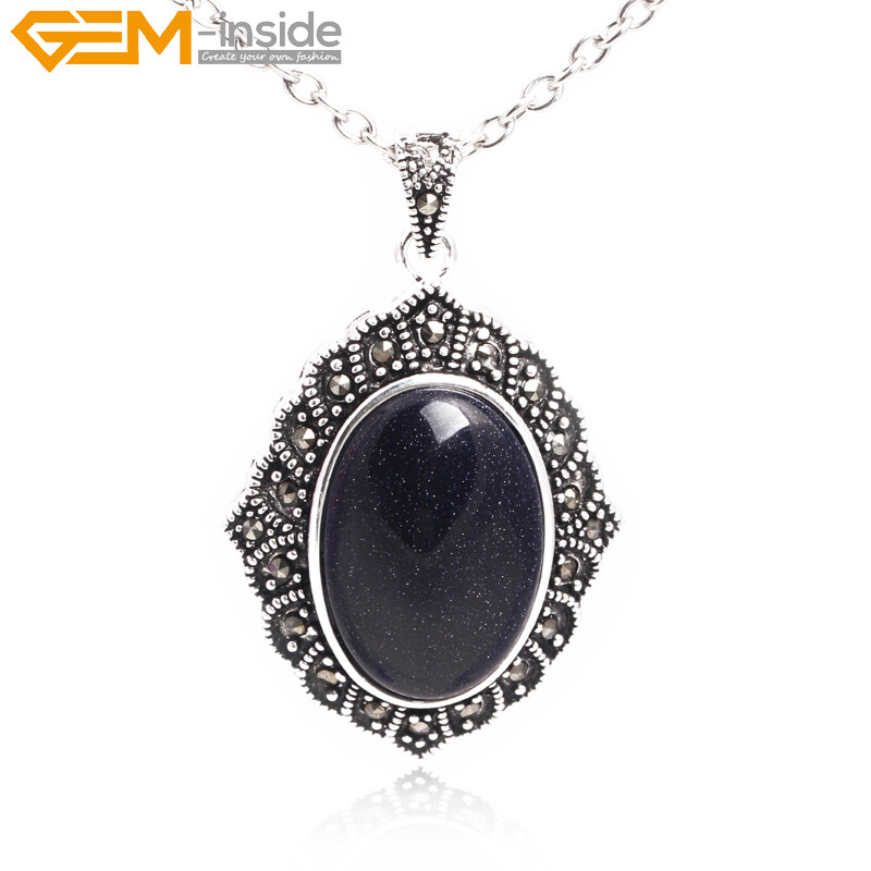 Silver Marcasite Tibetan Oval Turquoise Cat Eye Beads Jewelry Pendant Necklace