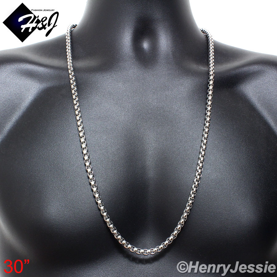 18-40″MEN’s 316L Stainless Steel 4mm Silver Smooth Box Link Chain Necklace*NA120