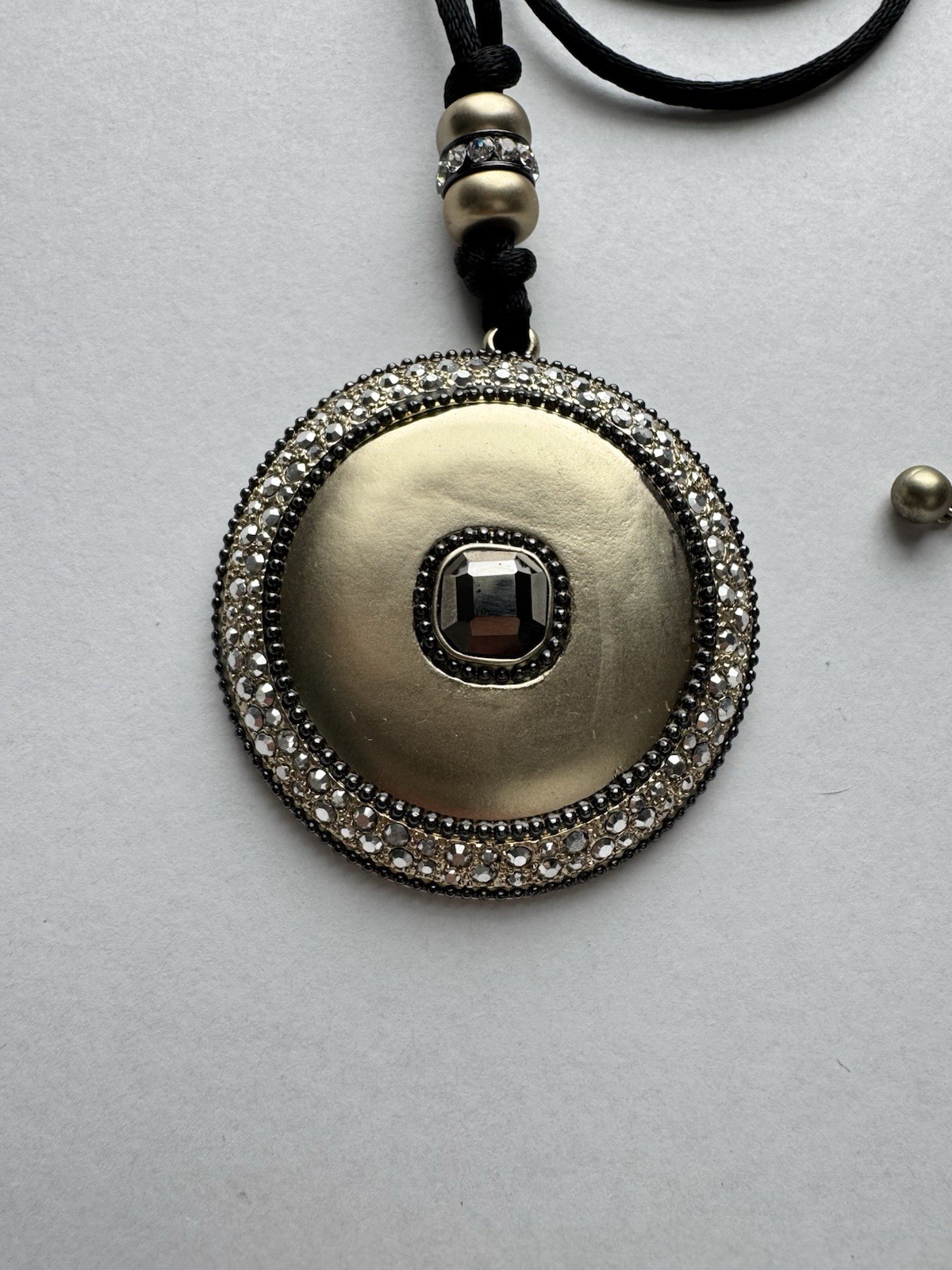 Chico’s Black Cord Pendant Necklace Silver Tone Round Crystal Charm Adjustable