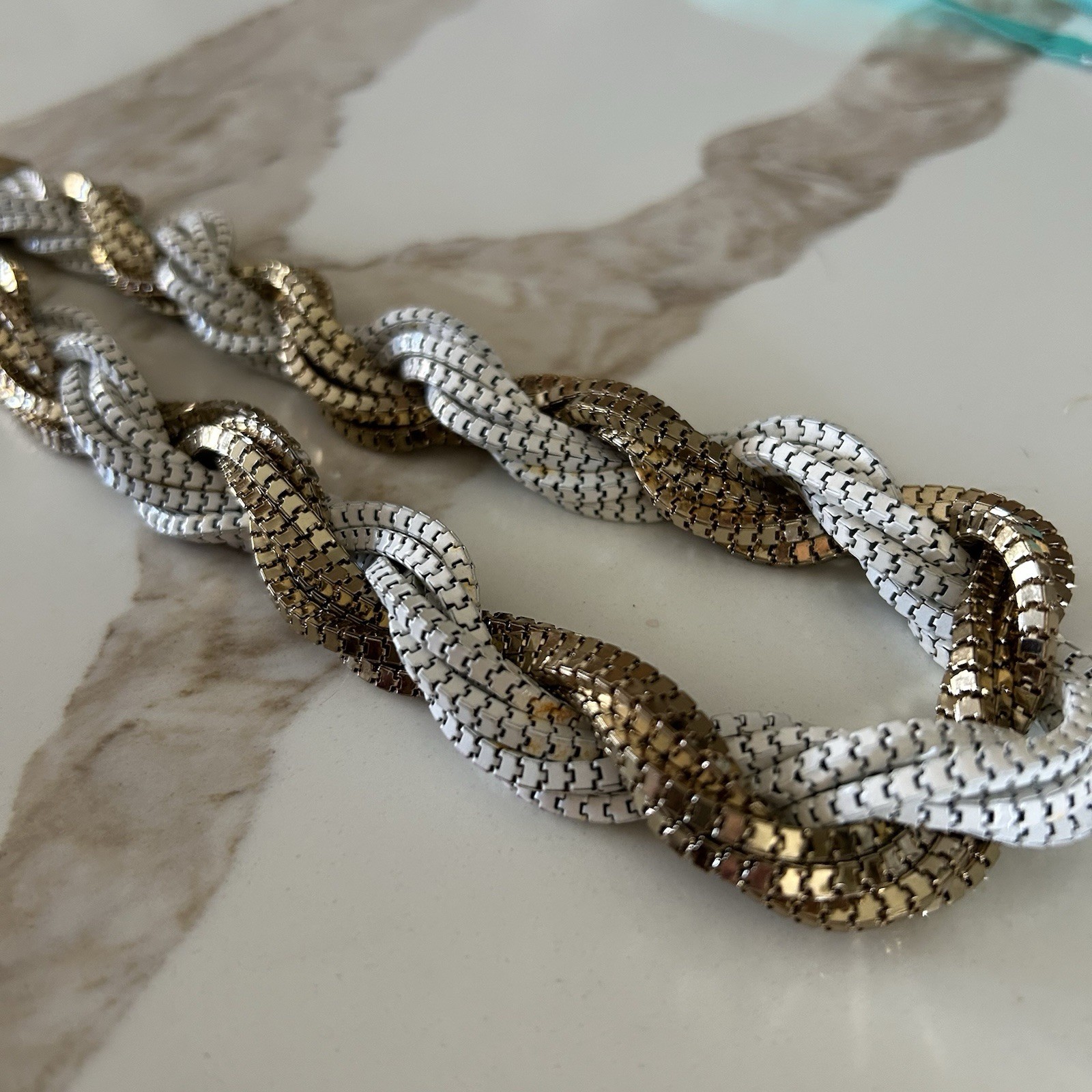 White And Gold Tone Braided Chunky Necklace