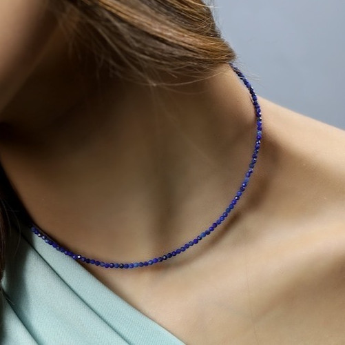 Blue Lapis Lazuli Faceted Round Gemstone Beaded Minimalist Women Necklaces 18″
