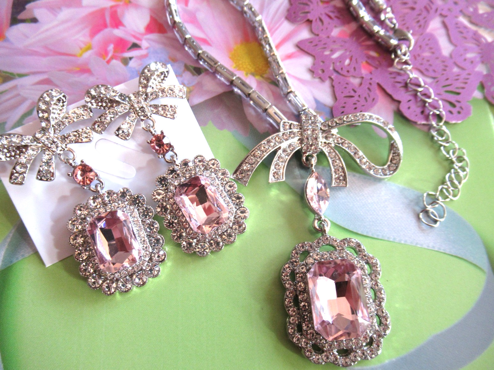 Beautiful JEWEL Pink BOWS Rhinestone Choker Necklace & Earrings SET NEW