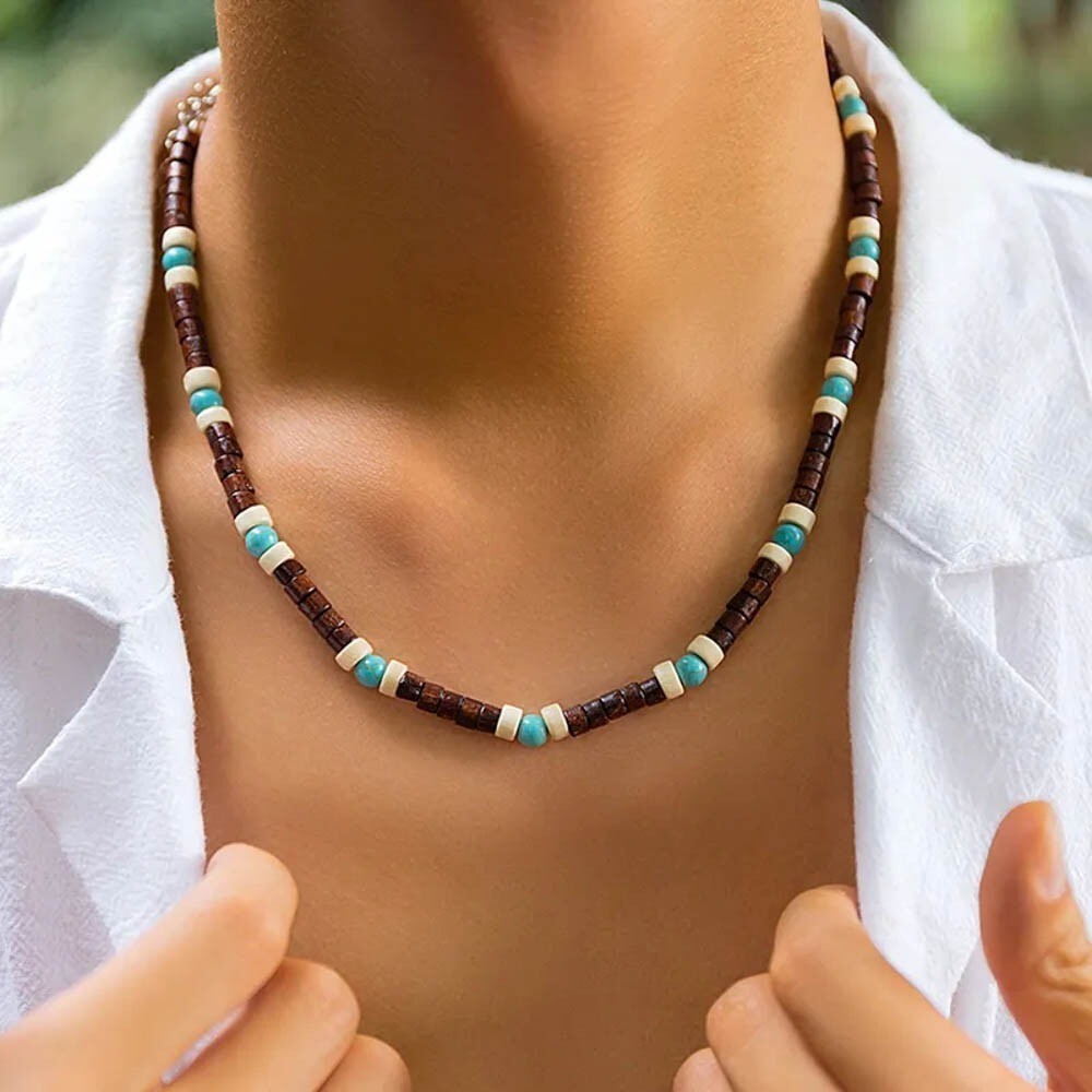 Mens Wood Beaded Necklace Turquoise Boho Surfer Choker Adjustable Chain Gift