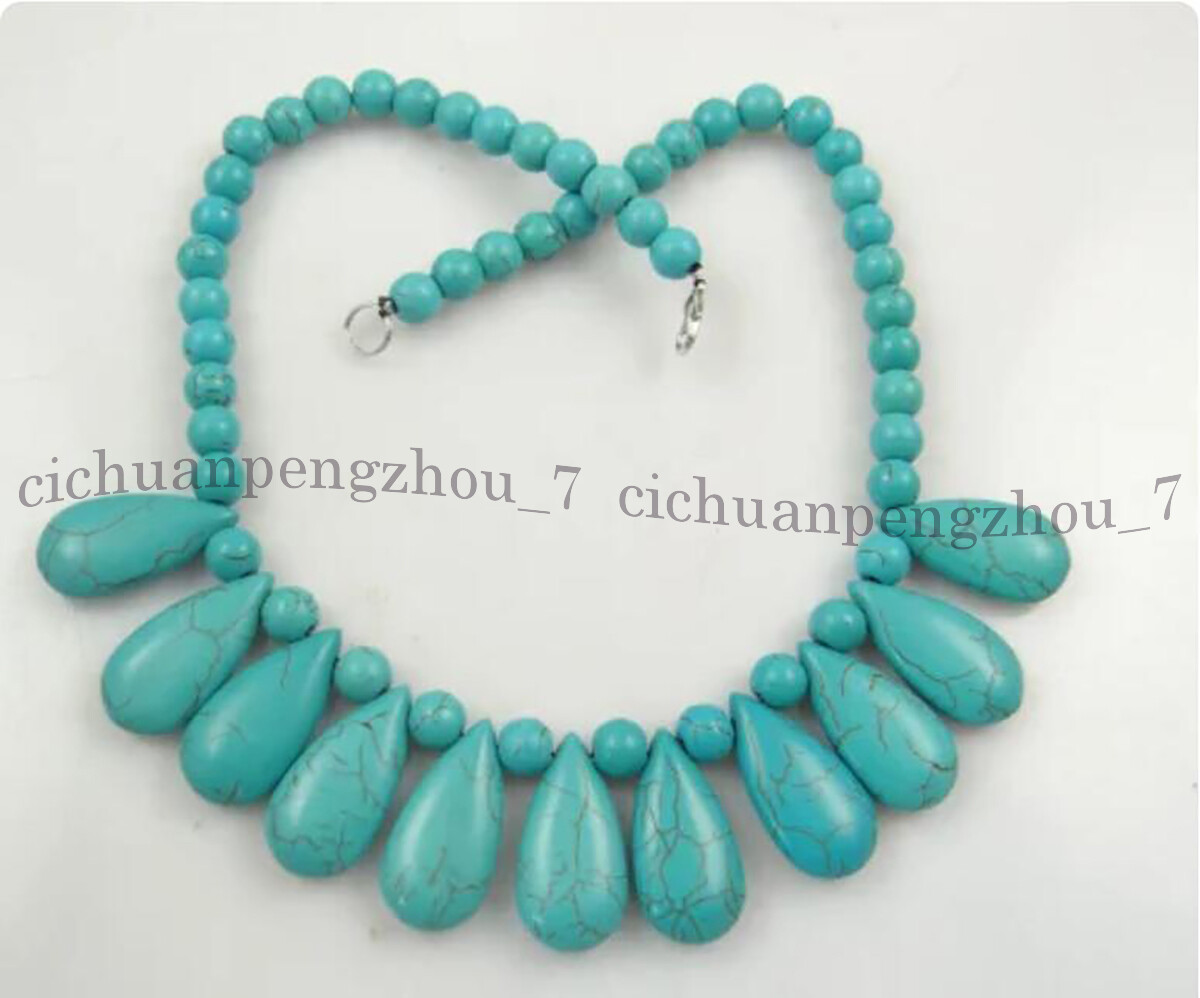 Natural Blue Turquoise 10mm Round 15x28mm Teardrop Gemstone Beads Necklace 18”