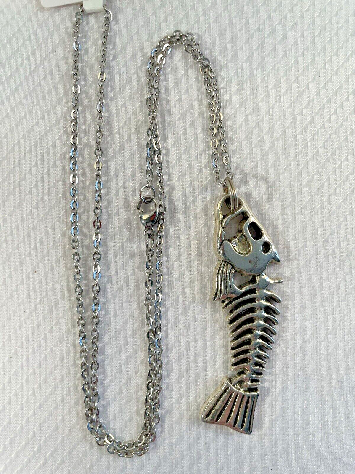 Fish Bone Silver Pendant Necklace 20” Stainless Chain Coastal Sea Jewelry NEW