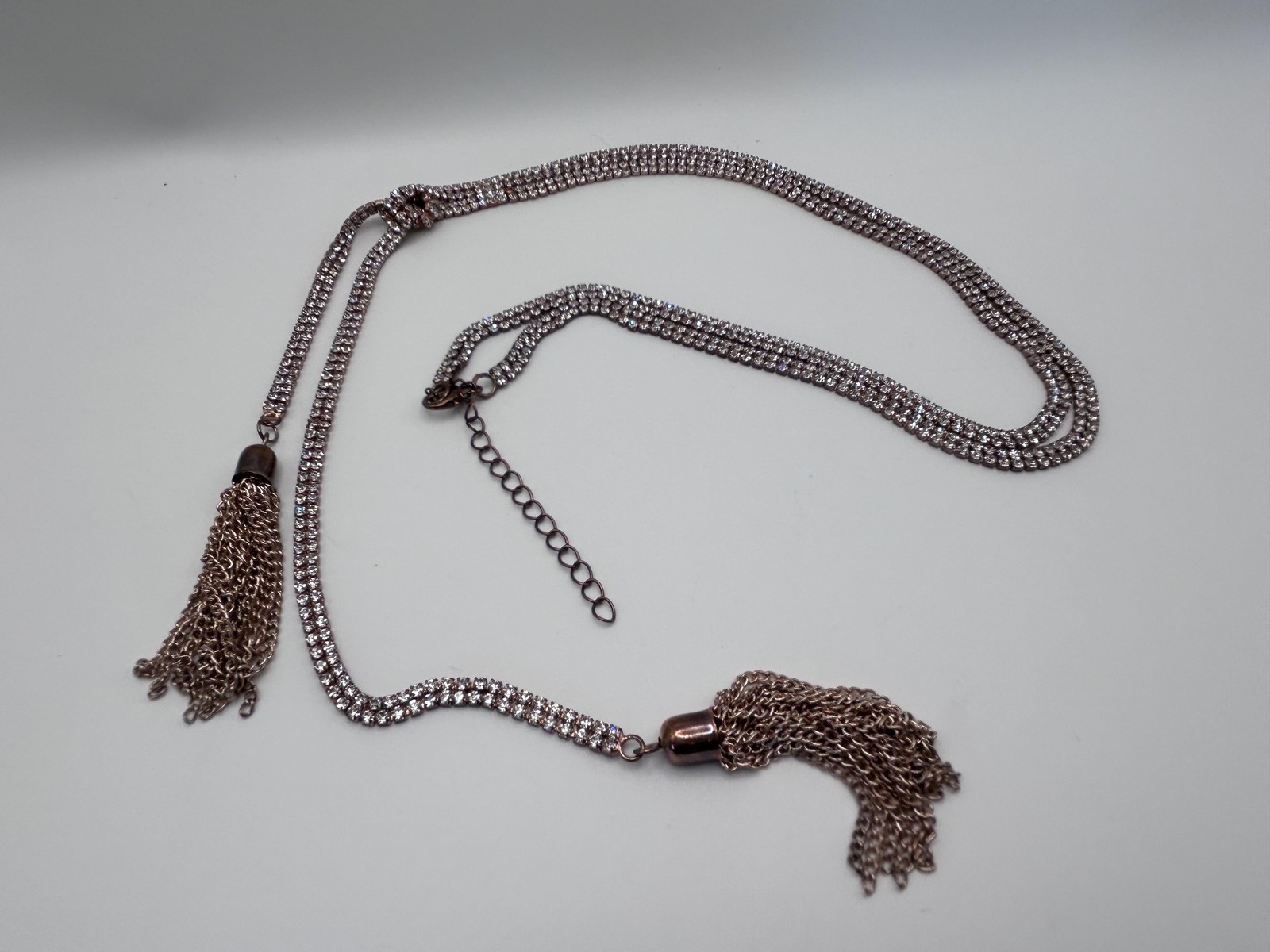 Necklace Gold Tone Rhinestone Lariat Y-Drop Tassel Fringe Crystal Lobster Clasp