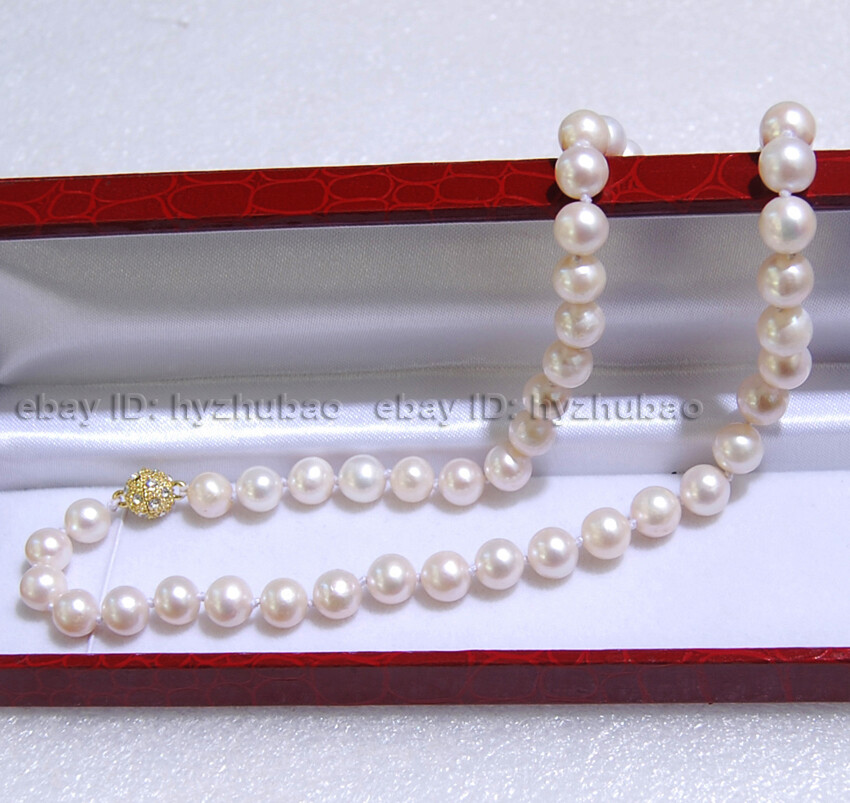 16- 36″ 9-10mm White Akoya Cultured Pearl Beads 14K GP Magnetic Clasp Necklace