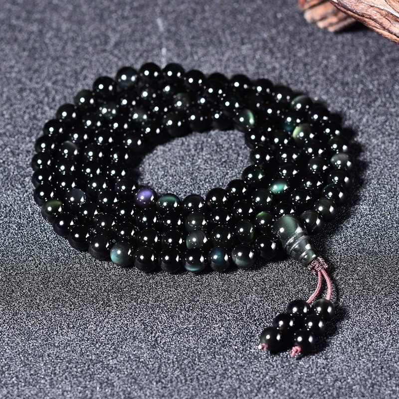 Rainbow Eye Obsidian 108 Mala Beads Prayer Necklace Multilayers Healing Bracelet