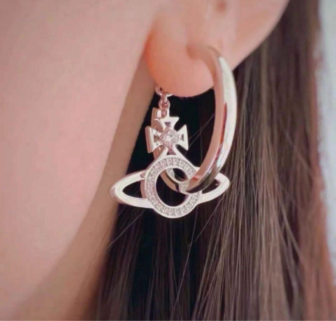 Vivienne Westwood Earrings MIRANDA Orb Hoop Dangle Silver w/Pouch NO BOX
