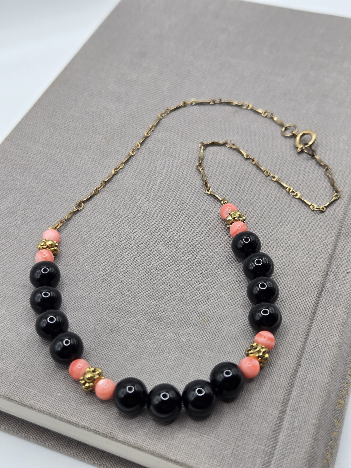 Black Onyx Rhodochrosite Pearls Beaded Choker Necklace 15″ Pink Beads Gold Chain