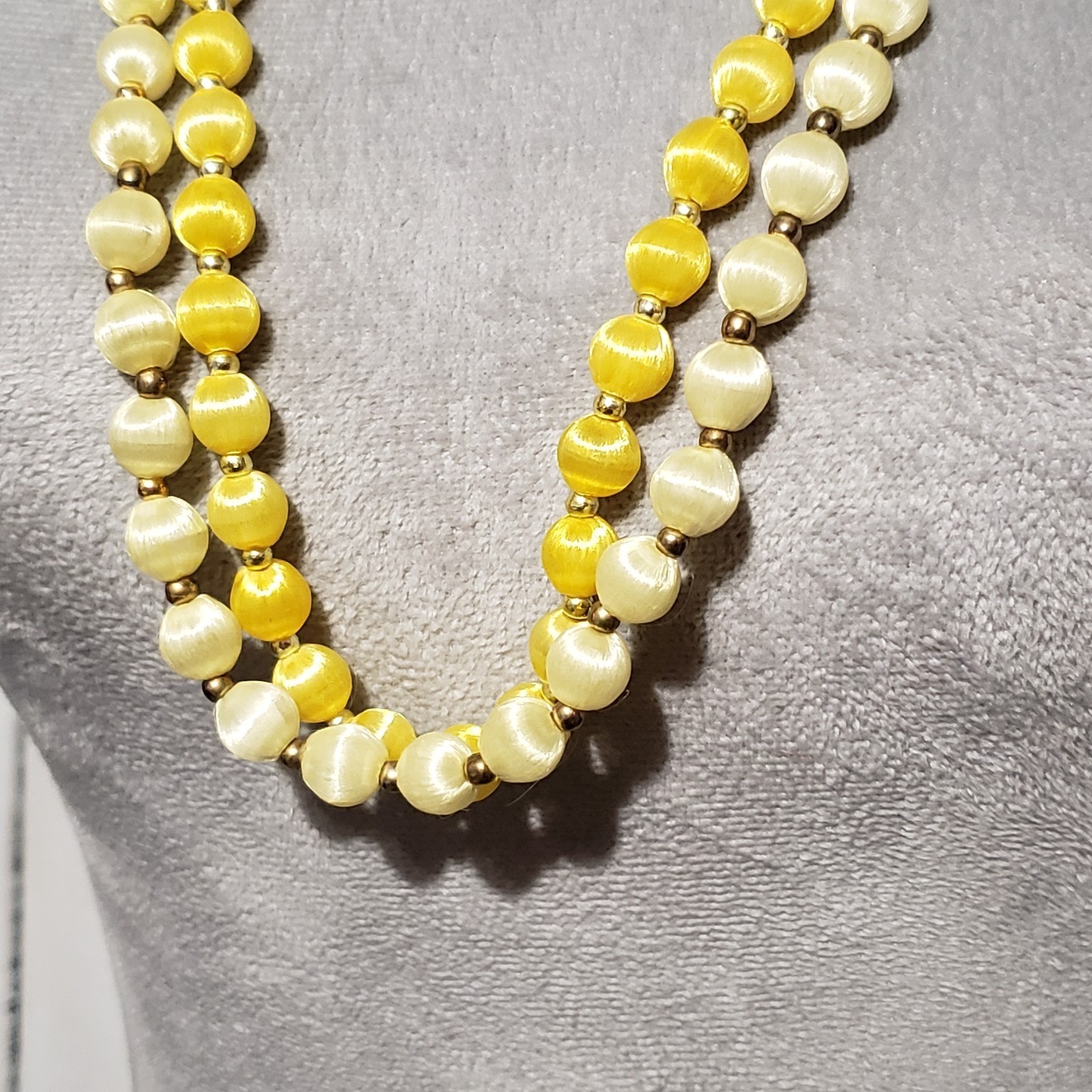 VTG Bead Necklaces Set of 2 Yellow Silk Satin Wrapped Boho Coquette Retro Artsy