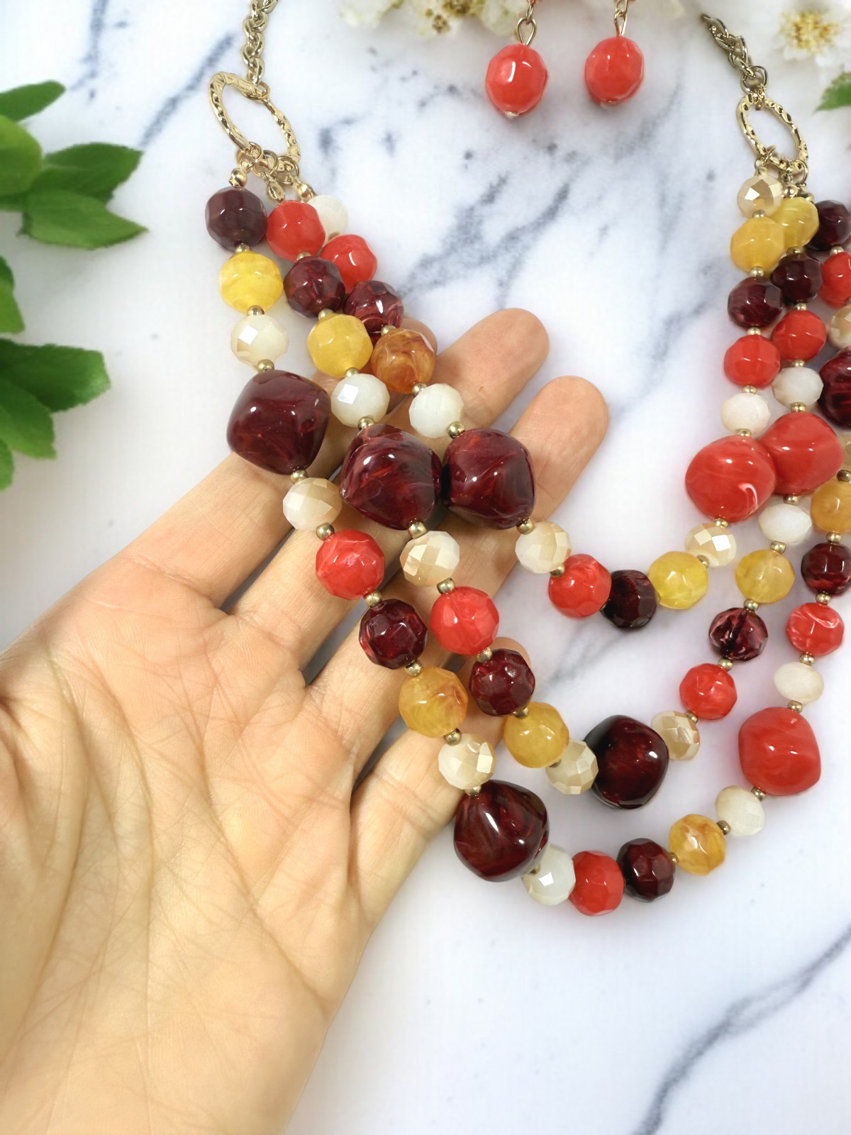 Colorful Multi-Strand Acrylic Bead Necklace & Earrings Set, Retro Color Necklace